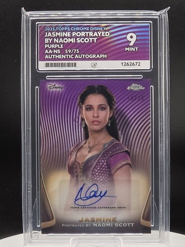 2025 Topps Disney Chrome Purple Jasmine Auto By Naomi Scott 59/75 Card Grade 9