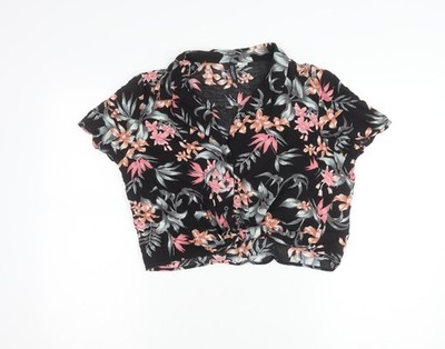 H&M Divided Damen schwarz Blumenmuster Cropped Knopfleiste Shirt Größe 12