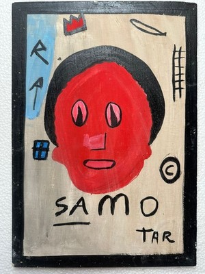 basquiat drawing and painting on old wood signed stamped vintage
