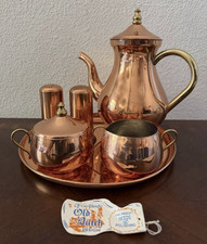 Old Dutch Copper Tea Set w/ Tray Teapot Lid Sugar Bowl Creamer Brass Handles