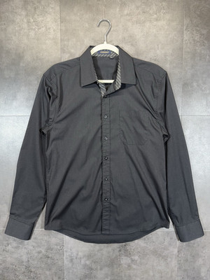 Hisdern Mens Shirt Black Barrel Cuff Long Sleeve Collared Button Up Size S 15