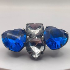 Vintage Y2K Blue & Clear Rhinestone Heart Brooch Silver Tone Statement Pin Retro