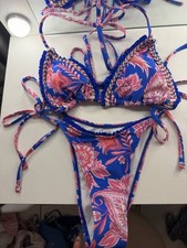 Women's Blue/Pink/Orange Floral 2-Piece Triangle Halter Ruffle Bikini Set S