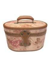 Vintage Floral Hat Box Oval Vanity Case Suede Travel Storage