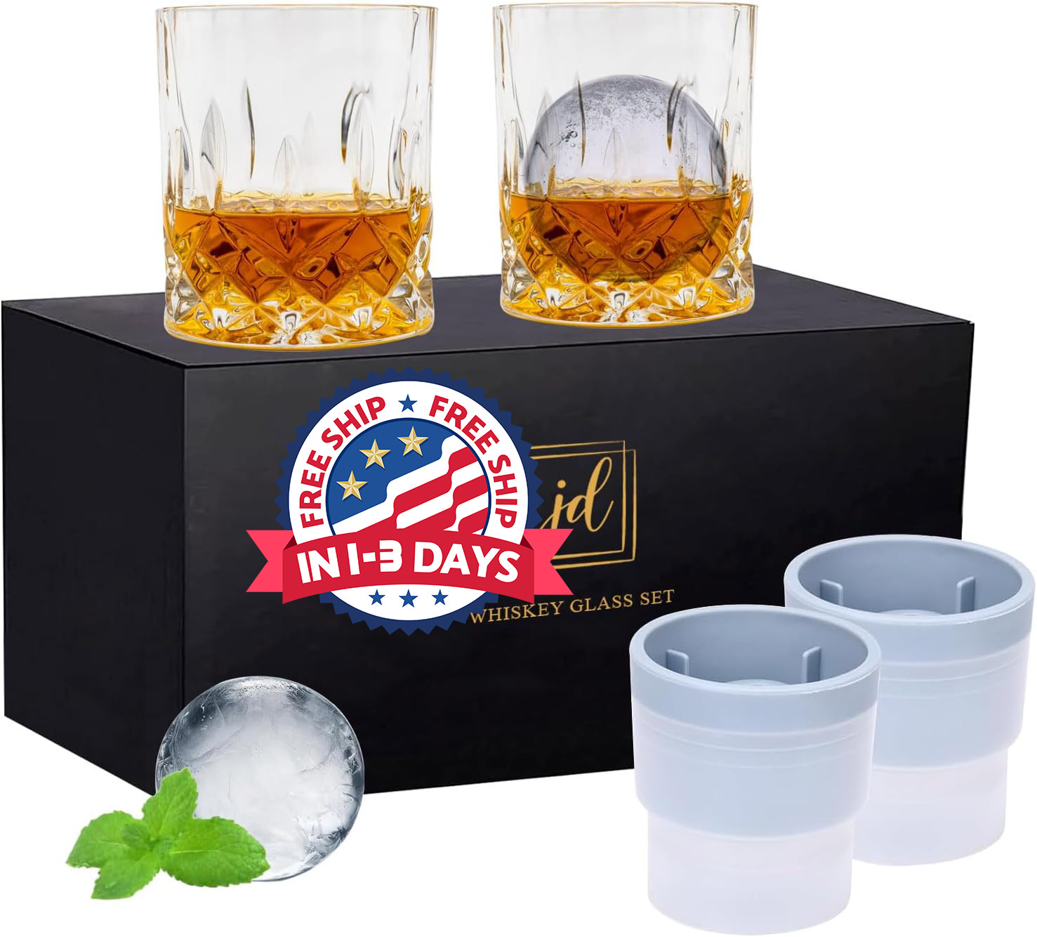 Set of 2 Whiskey Glasses Crystal Old Fashioned Rocks Glass Bourbon Scotch Liquor