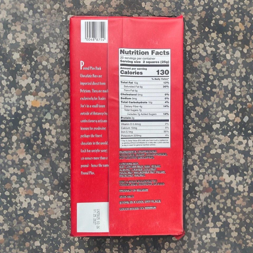 2 X Trader Joe's Pound Belgium 72% Dark Chocolate Bars 17.6 oz/1 lb Exp 01/2027 - Image 4 of 4