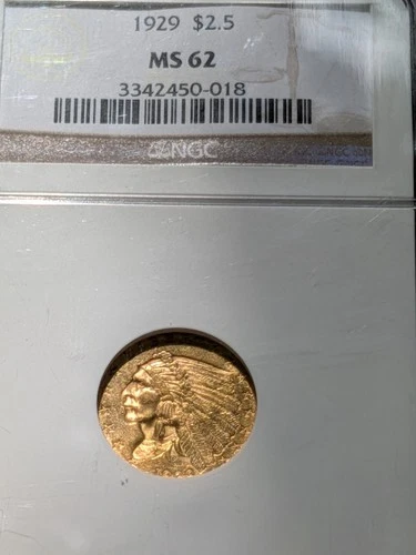 1929 $2.5 Gold Indian NGC MS 62 Philadelphia Mint  US Quarter Eagle Coin (666)