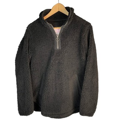 Cozy Sherpa Black Faux Fur Quarter Zip Pullover Sweatshirt Women's Small