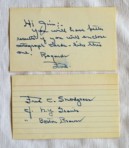 Two Fred Snodgrass autographed index cards, Glory of Their Times - product listing photo