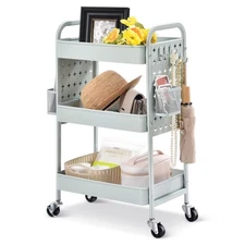 3-Tier Rolling Cart, Metal Utility Storage Cart with DIY Pegboards, Art Craft...