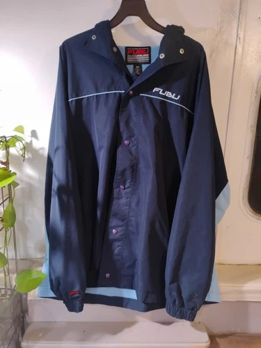 vintage 1990s or Y2K-era men's FUBU navy blue and baby blue snap-front hooded... - product listing photo