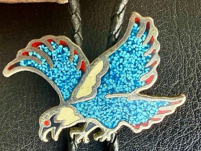 Vtg Bolo Tie Southwestern Turquoise Eagle Slide Black Braid Leather Silver Tone