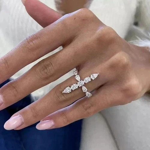 2.00Ct Oval Cut Real Moissanite Women's Wedding Cross Ring 14K White Gold Plated