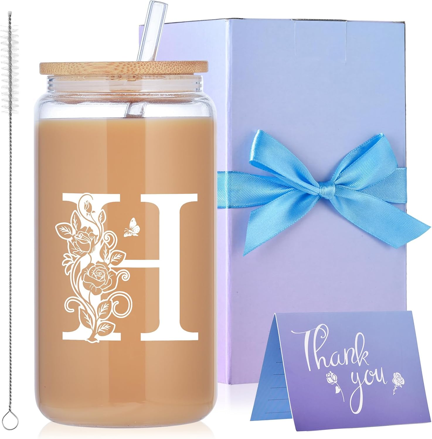Initial Glass Cups with Lids and Straws, Monogrammed Gifts for Women, 16Oz Beer