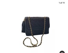 Authentic CHANEL Vintage Navy Lambskin Leather Matelassé Fringe Handbag - AS IS