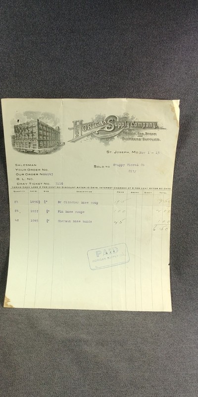 1913 St Joseph Missouri Horigan Supply Co Billhead Invoice Antique Ad L46