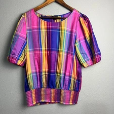 Ann Taylor M Blouse Multicolor Rainbow Plaid Puff SL Y2K Smocked Hem Retro Bold