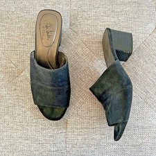 VTG Velvet Fabric Black 90s Slip on stacked chunky heel Mules sz 7.5 boho