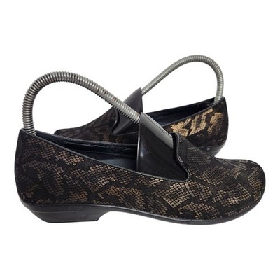 Dansko Olivia Womens EUR 36 US 5.5-6 Bronze Black Snake Print Loafer Clogs Shoes