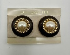Vintage St. John Earrings Faux Pearl Gold Brown Clip Cabochon Round 1