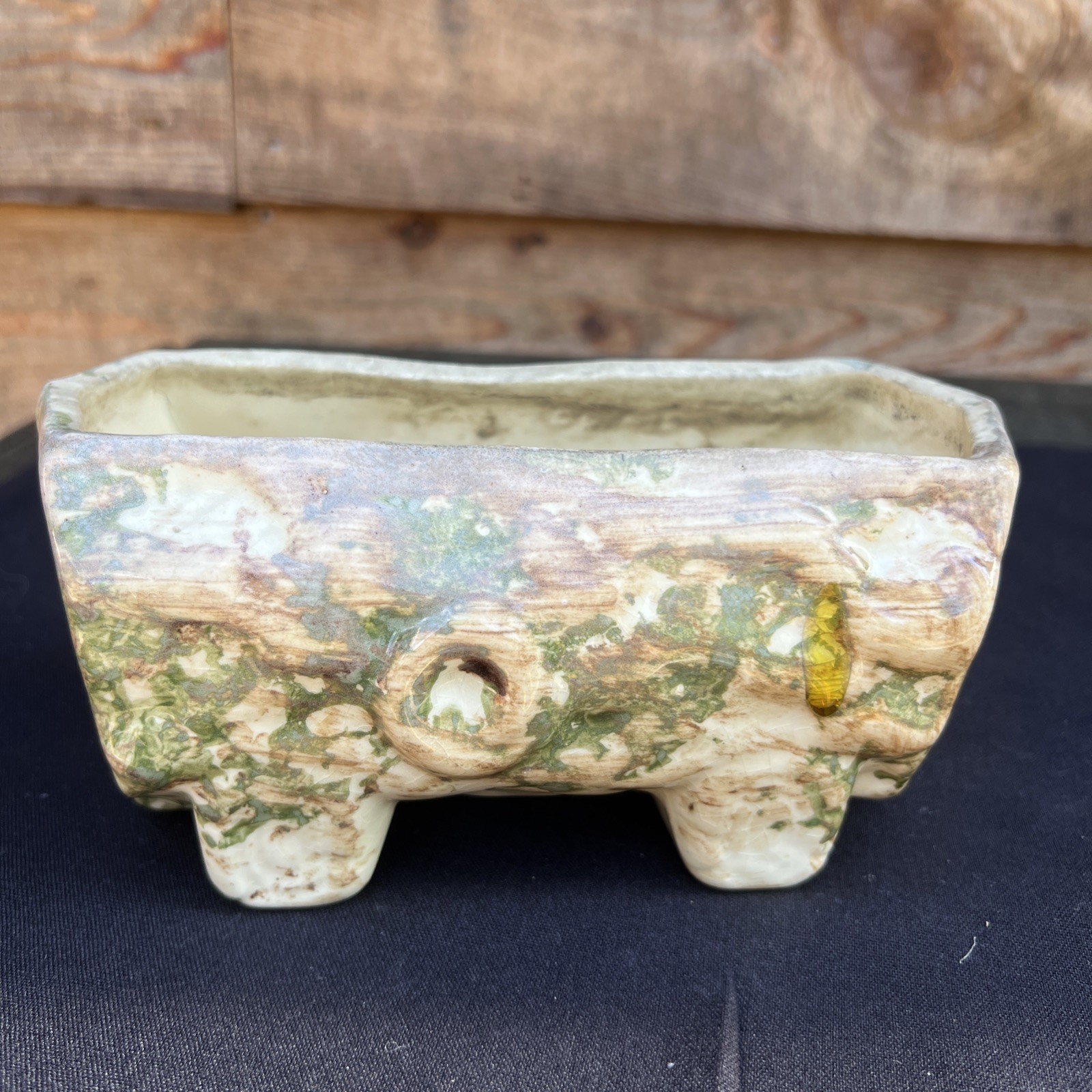 Vintage Log Shaped Planter Mid Century Pottery Ceramic Wood Forest