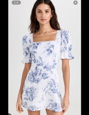 Reformation Dress Evianna Linen Mini Short Sleeve, Blue Floral, Size 10