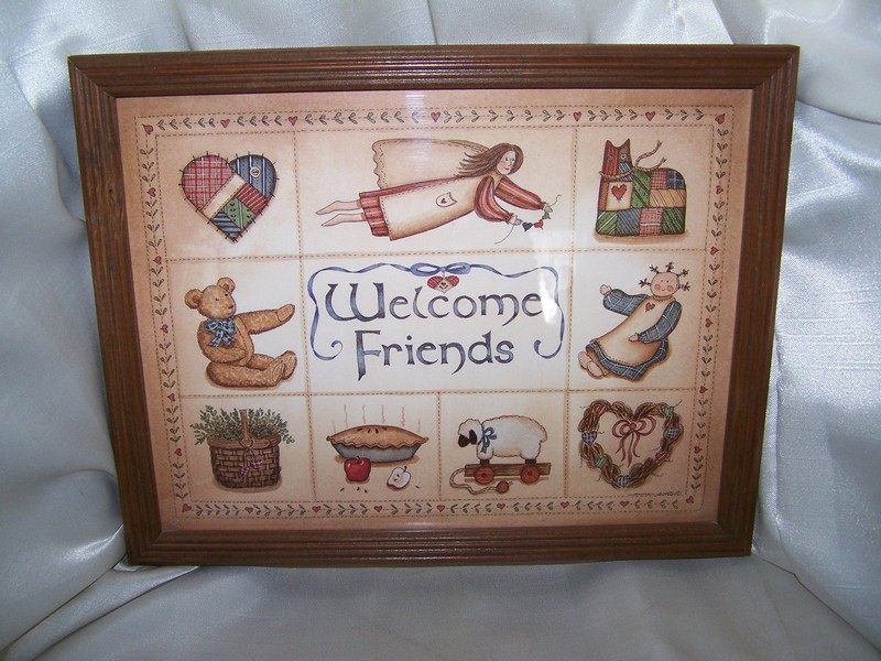 Framed Picture WELCOME FRIENDS Heart Apple Pie Basket Bear Angel Doll Sheep Wag 