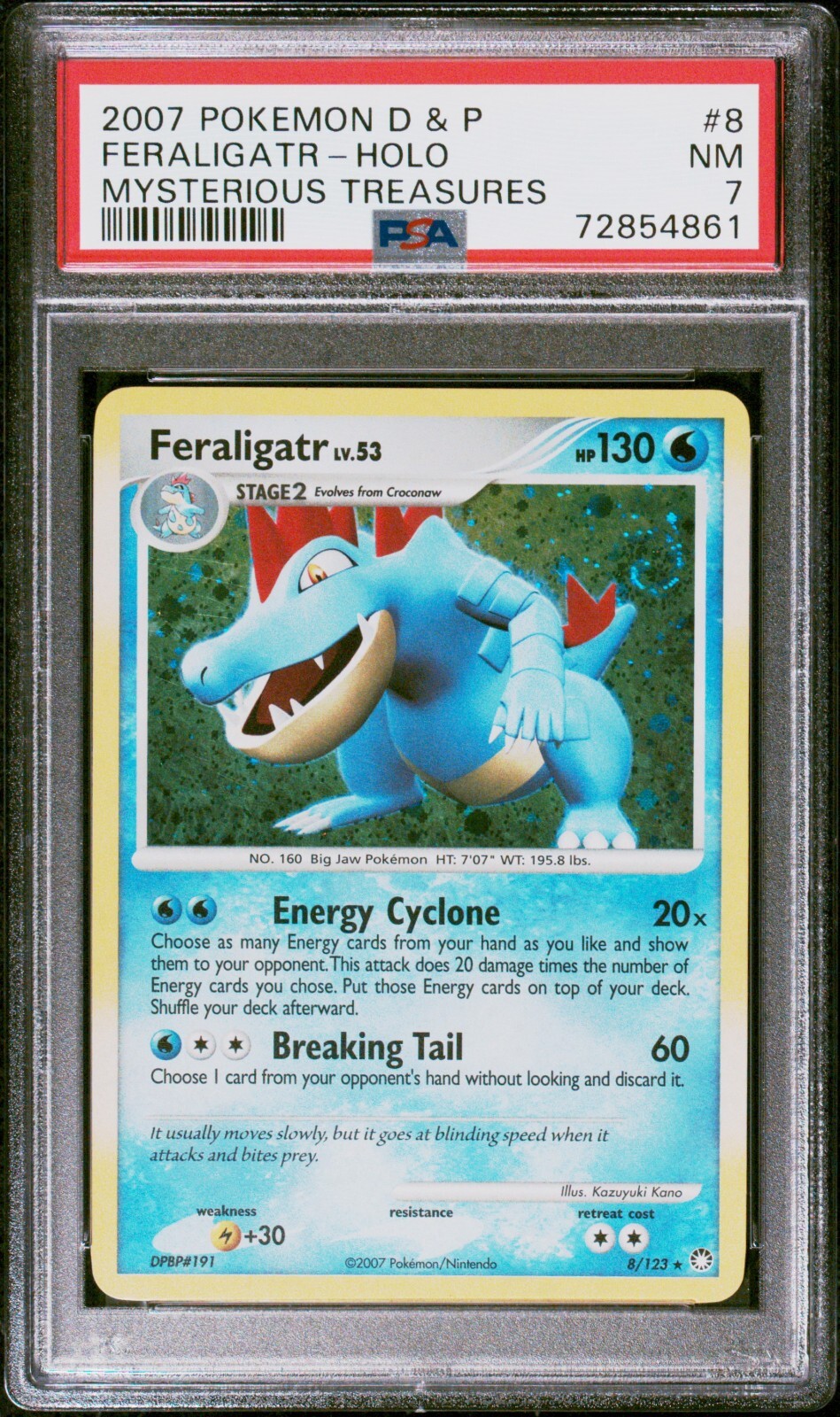Pokemon Card Feraligatr 8/123 Holo Foil Mysterious Treasures SWIRL PSA 7 NM