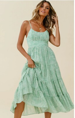 Here Comes the Sun ETERNAL SUNSHINE GATHERED BUST MAXI DRESS LEAF PRINT  GREEN S | eBay