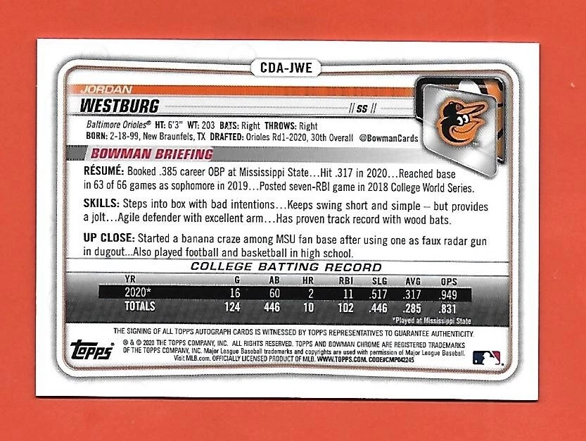 Jordan Westburg 2020 Bowman Chrome True Blue Ref.Auto #/150 Blue Refractor Auto