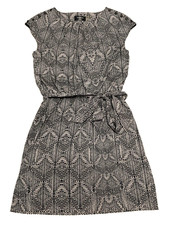 GUESS Size 4 Blouson Dress Black Tan Belted Cap Sleeve Geometric Studded Lined