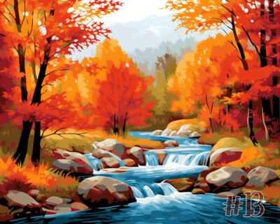 Maple Grove and Creek in AutumnPrinted Needlepoint Canvas Tranquil Fall Serenity