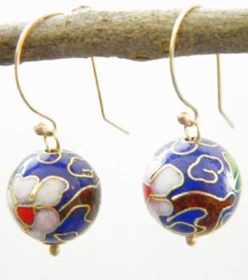 Vintage 14k 14 Karat massiv Gelbgold Ohrringe Cloisonne wunderschön Handarbeit