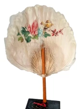 Antique Victorian Hand Painted Feathers Floral Bird Design Wood Handle Hand Fan