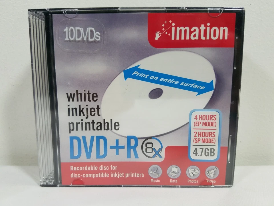 imation DVD+R 8x Speed White Inkjet Printable Recordable Disc 4.7GB 10 Pack NEW - Image 2 of 4