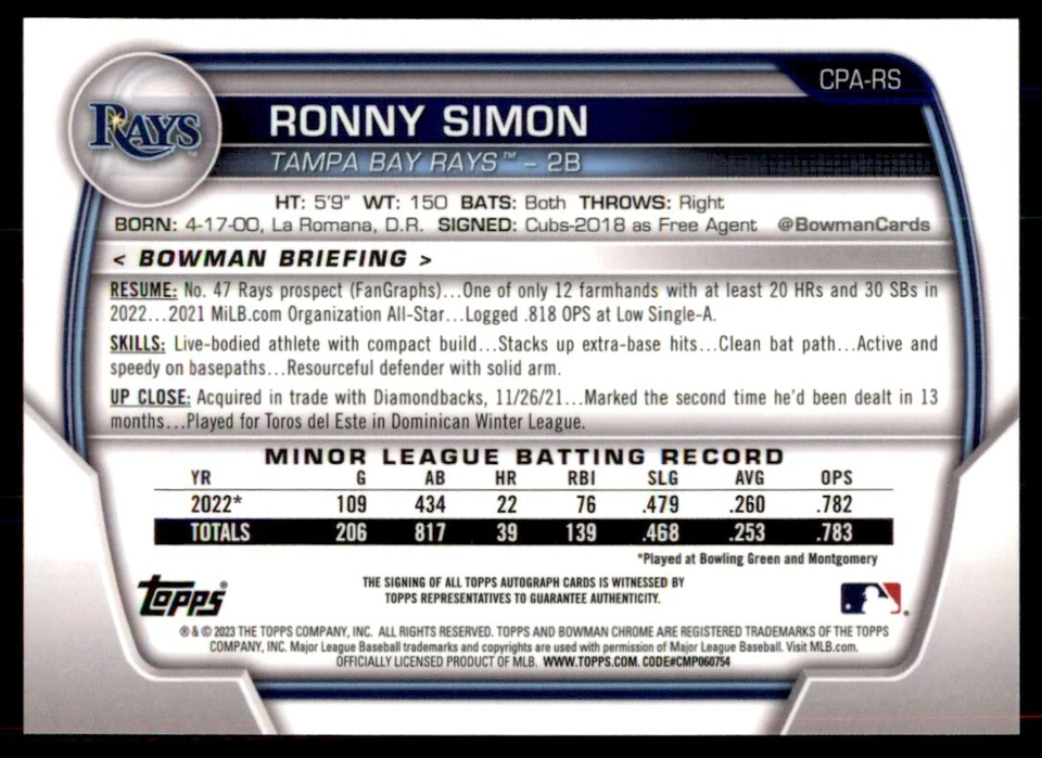 Ronny Simon 2023 Bowman Chrome Rookie Atomic Refractor 1st Card RC SP Auto /100 - Image 2 of 2