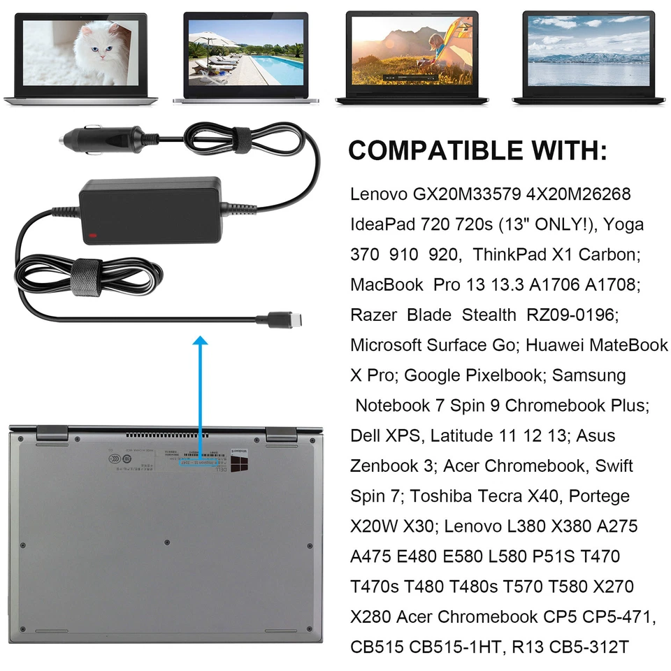 90W USB-C Laptop CAR Charger for Lenovo Yoga Thinkpad MacBook Samsung Asus Dell - Image 2 of 4