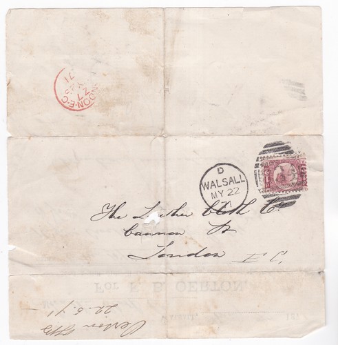 1871 QV FINE ½d BANTAM STAMP ON WALSALL TRIMMED LETTER (FAULTS) TO LONDON