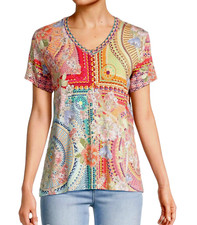 NWT Johnny Was The Janie Favorite Mosaic Floral V-Neck Tee T-Shirt Multi L 120