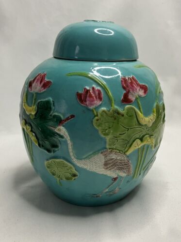 Tang San Cai tea or ginger jar 19th century with Beautiful Figural Crane - Picture 1 of 11