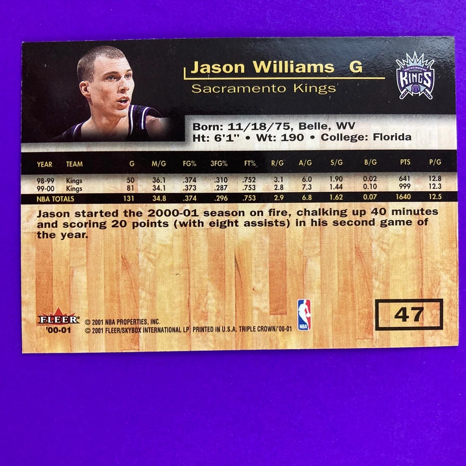 Jason Williams 2000-01 Fleer Triple Crown Card #47 NBA Sacramento Kings - Image 2 of 2