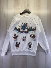 Vtg 1991 Jane Colby Christmas Ice Skating Penguins Womens Sweatshirt Size M-USA 