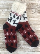 Fair Isle Slipper Socks Womens One Size Reindeer Design Cozy Faux Fur Lining