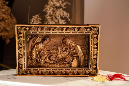 WOOD CARVED CHRISTIAN ICON RELIGIOUS HOLY FAMILY WALL HANGING ART WORK - Picture 1 of 3