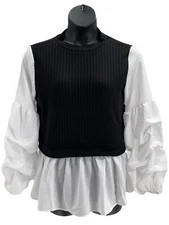 Truth + Style Mix Media Jersey Top Woven Pick-Up Sleeves Black/White