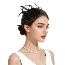 Womens Fascinators Hats Tea Party Hats for Women, Feather Pearl Headband Black