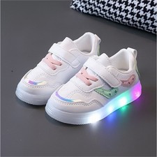 Toddler Girls size 7 LED Light Up Hook Loop Easy On Sneakers White Pink Green
