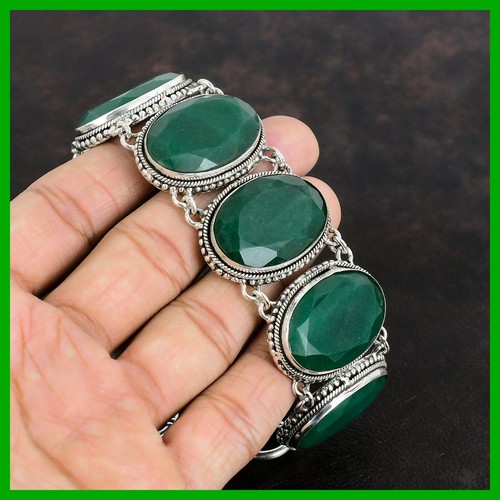 925 Sterling Silver Oval Zambian Emrald Stone Vintage Bezel Chain New Bracelet - Picture 6 of 7