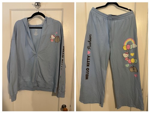 Hello Kitty x Pusheen Light Blue Cartoon Tracksuit Set Hoodie & Pants XL XXL