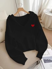 Women's Oversized Hooded Sweatshirt with Red Heart Patch - Cozy Long Sleeve Pull